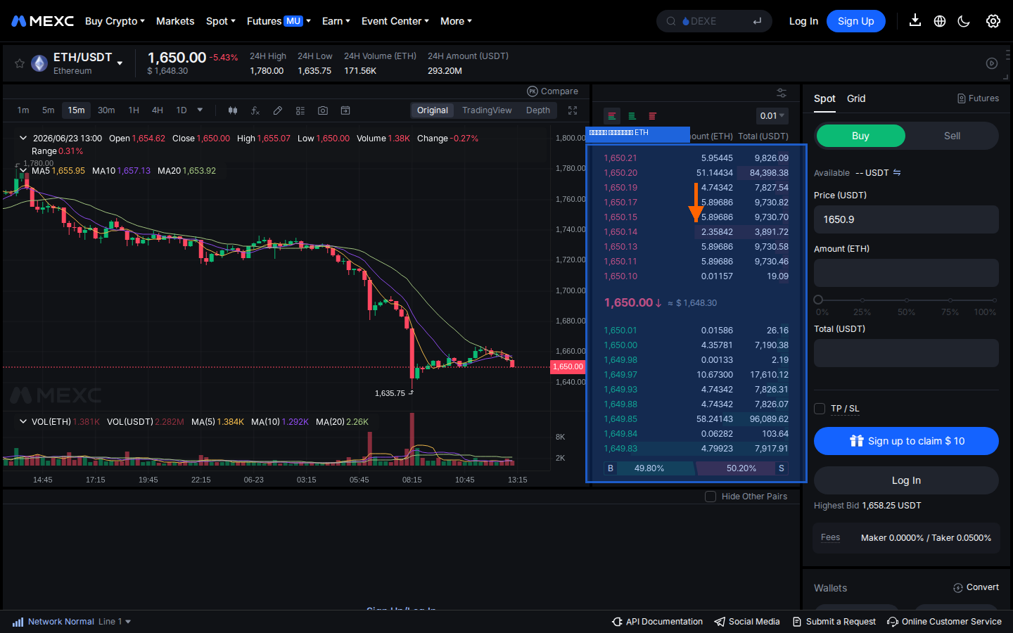 MEXC — торговый интерфейс ETH/USDT, форма покупки ETH